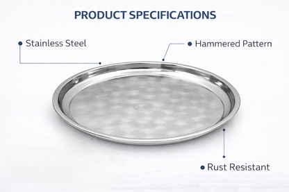 Stainless Steel Round Serving Tray – Choose 30cm 35cm 40cm or 45cm Mirror Polished Raised Rim Hammered Base Dishwasher Safe