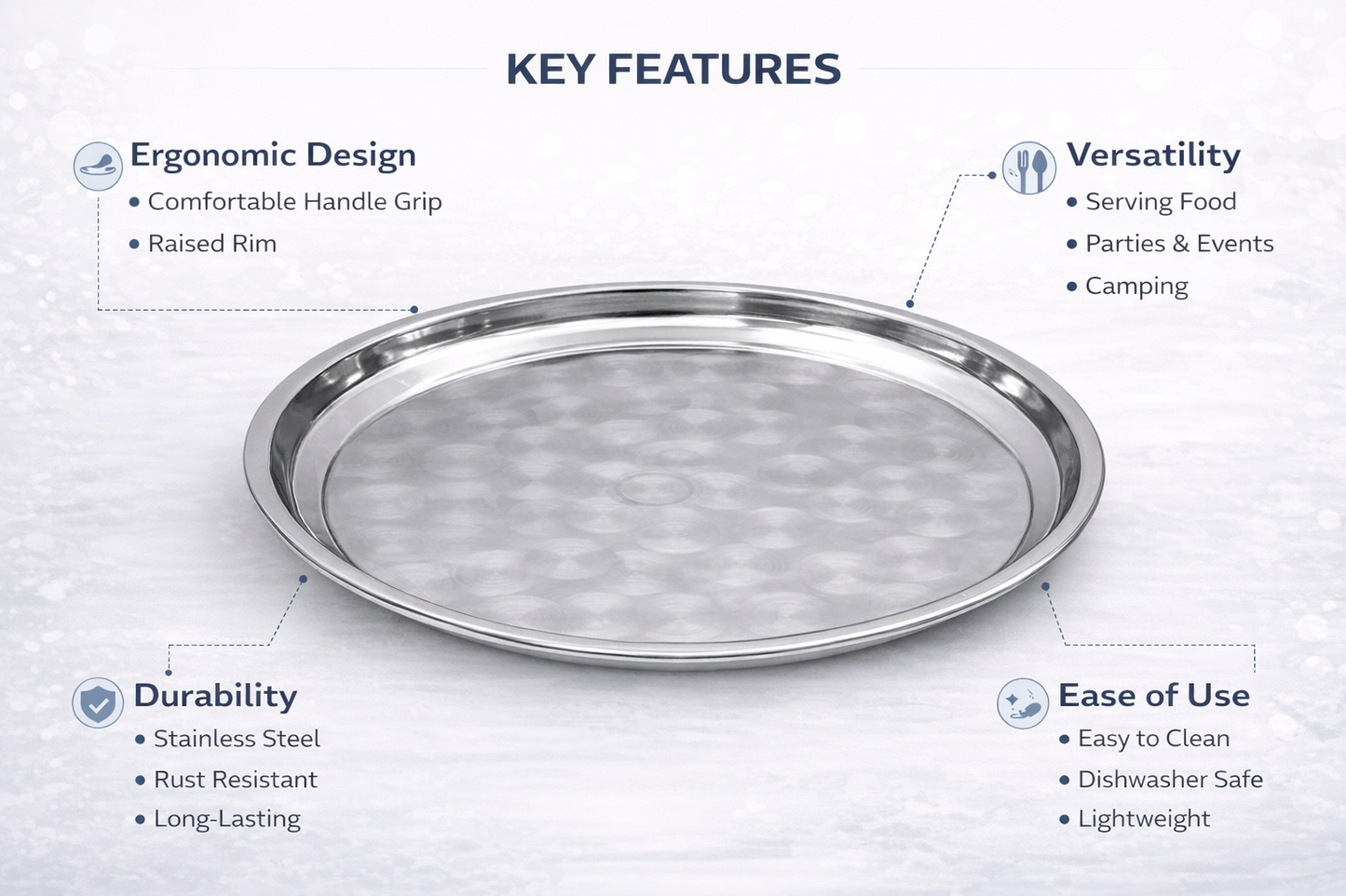 Stainless Steel Round Serving Tray – Choose 30cm 35cm 40cm or 45cm Mirror Polished Raised Rim Hammered Base Dishwasher Safe