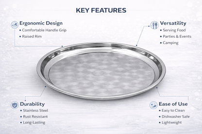Stainless Steel Round Serving Tray – Choose 30cm 35cm 40cm or 45cm Mirror Polished Raised Rim Hammered Base Dishwasher Safe