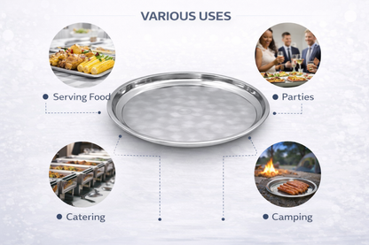 Stainless Steel Round Serving Tray – Choose 30cm 35cm 40cm or 45cm Mirror Polished Raised Rim Hammered Base Dishwasher Safe