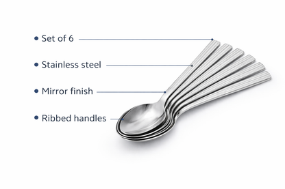 6 Piece  Stainless Steel Dessert Spoons Set – Dishwasher Safe Lined Handle Spoons for Puddings & Everyday Use