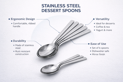 6 Piece  Stainless Steel Dessert Spoons Set – Dishwasher Safe Lined Handle Spoons for Puddings & Everyday Use