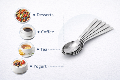 6 Piece  Stainless Steel Dessert Spoons Set – Dishwasher Safe Lined Handle Spoons for Puddings & Everyday Use