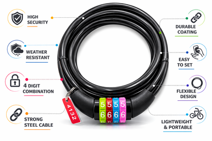 Bicycle Combination Cable Lock – 4-Digit Resettable Code, Steel Cable, Plastic Coated, 650mm x 8mm
