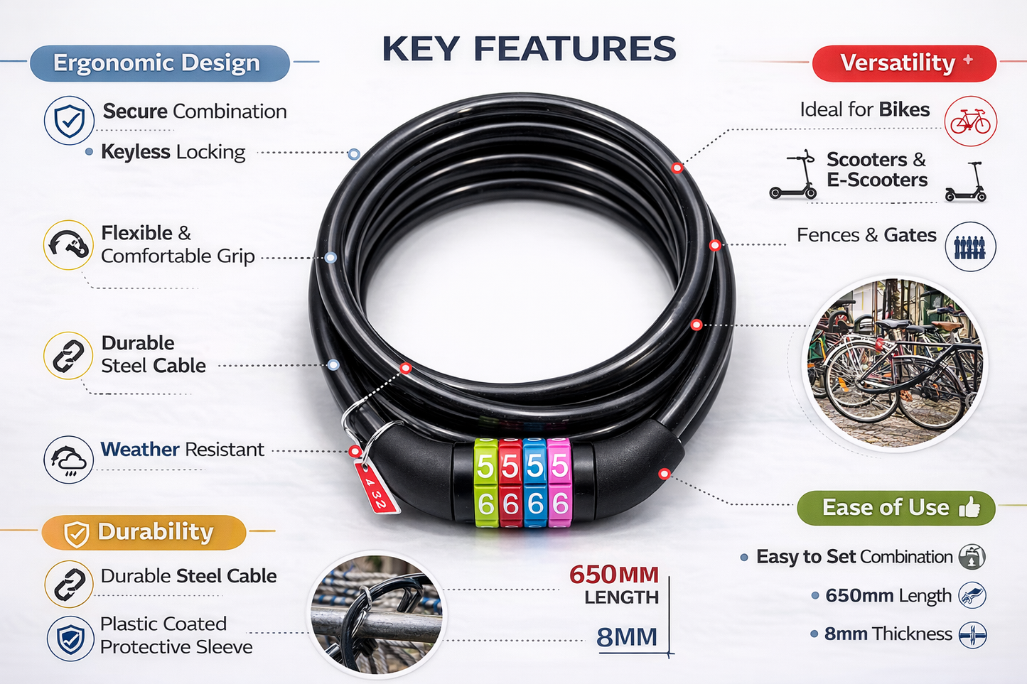 Bicycle Combination Cable Lock – 4-Digit Resettable Code, Steel Cable, Plastic Coated, 650mm x 8mm