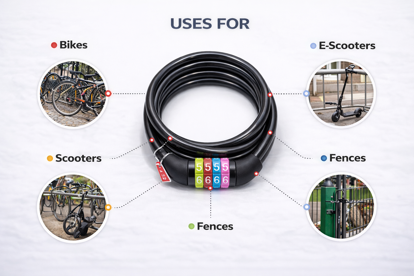 Bicycle Combination Cable Lock – 4-Digit Resettable Code, Steel Cable, Plastic Coated, 650mm x 8mm