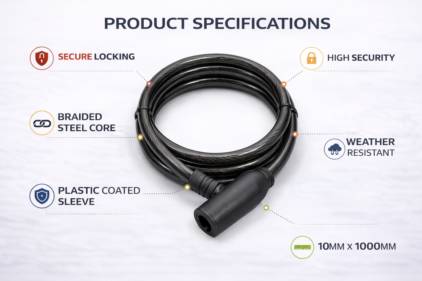 Bicycle Cable Lock with Key – Braided Steel, Plastic Coated, 10mm x 1000mm, High Security