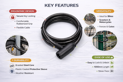 Bicycle Cable Lock with Key – Braided Steel, Plastic Coated, 10mm x 1000mm, High Security