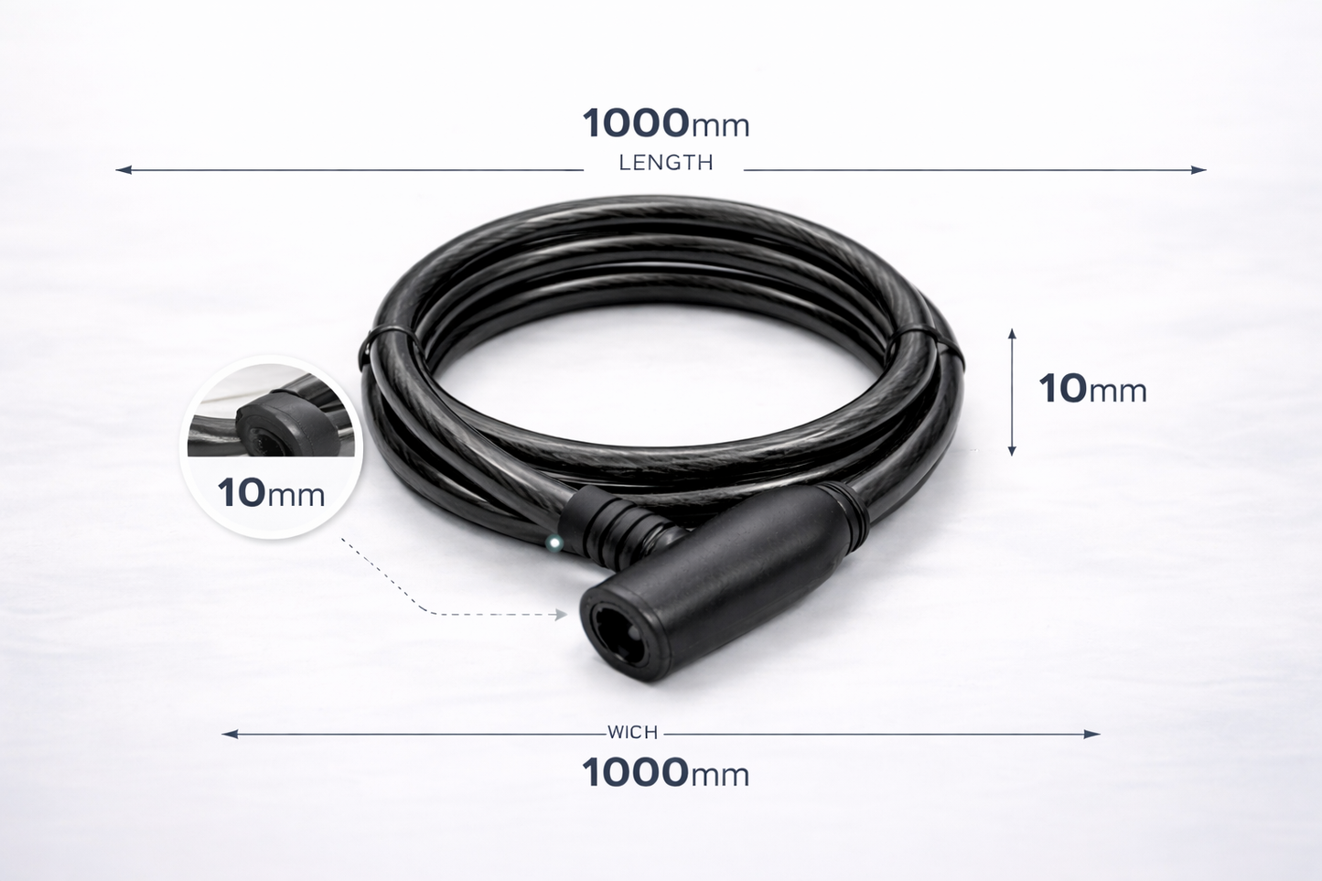 Bicycle Cable Lock with Key – Braided Steel, Plastic Coated, 10mm x 1000mm, High Security
