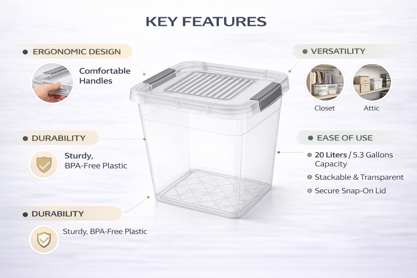 Clear Plastic Storage Box with Secure Clip Lid & Carry Handles – Stackable Home Organiser Container – Available in 5L, 10L & 15L