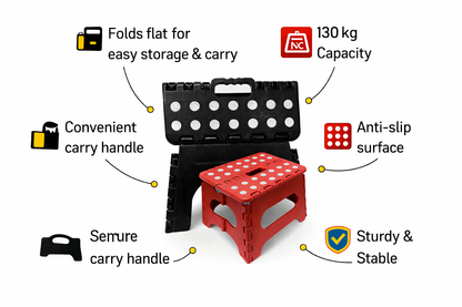 Folding Step Stool with Carry Handle – 130kg Capacity, Non-Slip, Folds Flat, Multipurpose, Black