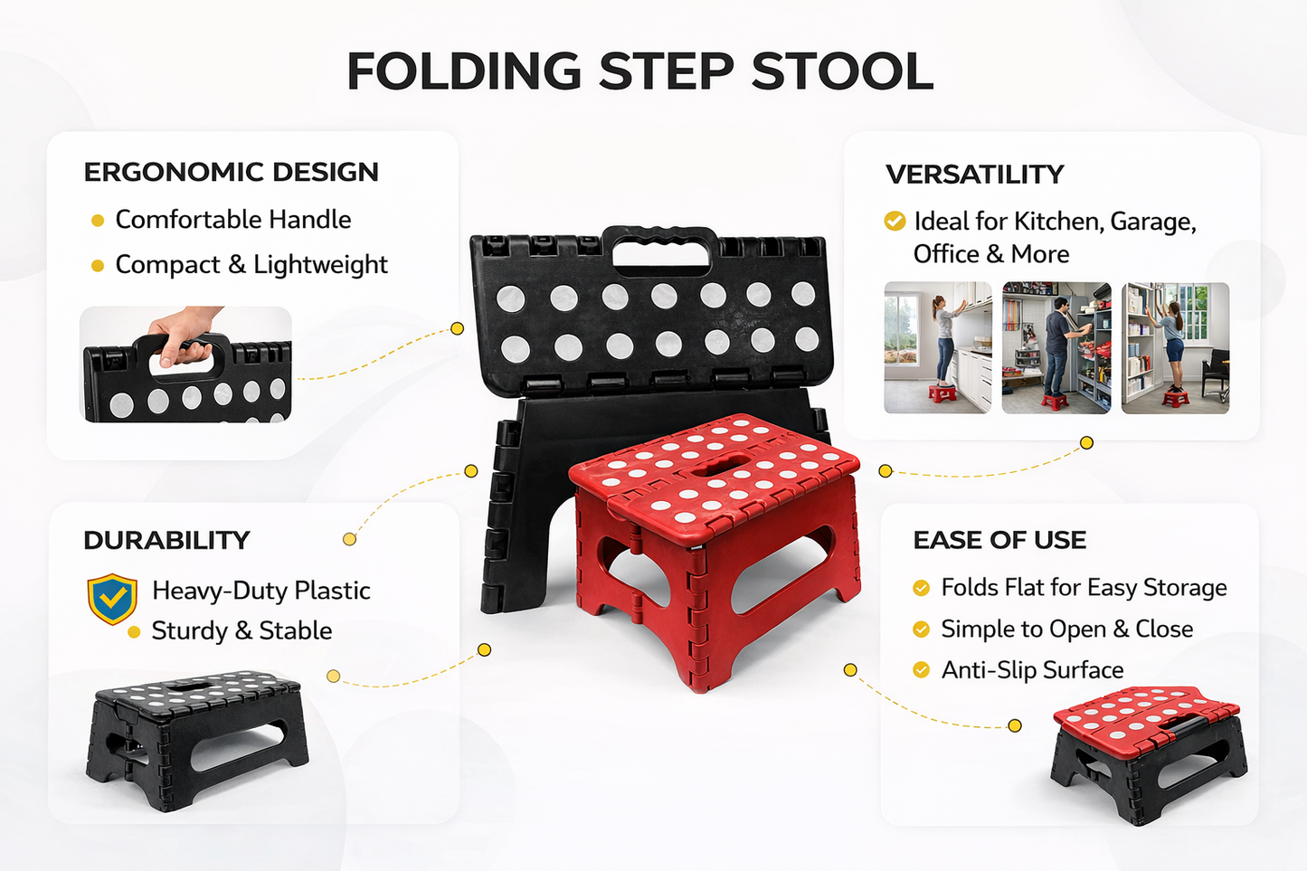 Folding Step Stool with Carry Handle – 130kg Capacity, Non-Slip, Folds Flat, Multipurpose, Black