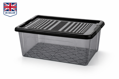 [1L / 2L / 3L / 5L /10L/15/ 20L /30L] Anthracite Storage Box with Clip Lid – Smoked Tinted Plastic, Stackable, Black