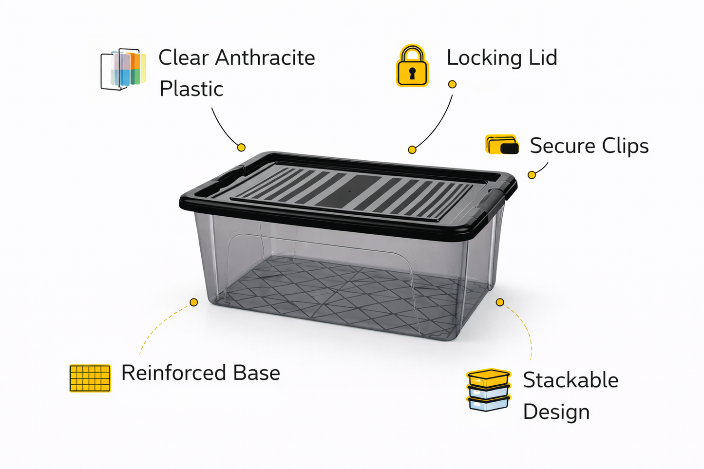 [1L / 2L / 3L / 5L /10L/15/ 20L /30L] Anthracite Storage Box with Clip Lid – Smoked Tinted Plastic, Stackable, Black