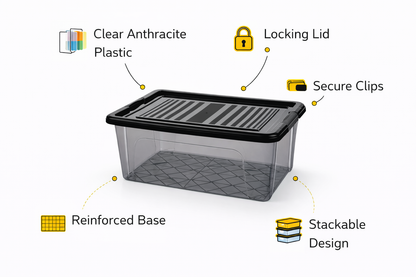 [1L / 2L / 3L / 5L /10L/15/ 20L /30L] Anthracite Storage Box with Clip Lid – Smoked Tinted Plastic, Stackable, Black