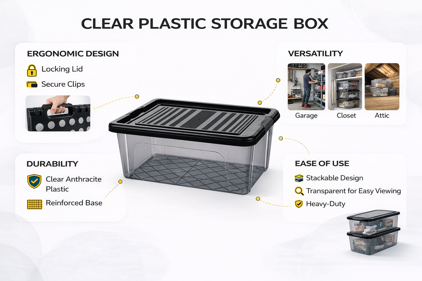 [1L / 2L / 3L / 5L /10L/15/ 20L /30L] Anthracite Storage Box with Clip Lid – Smoked Tinted Plastic, Stackable, Black