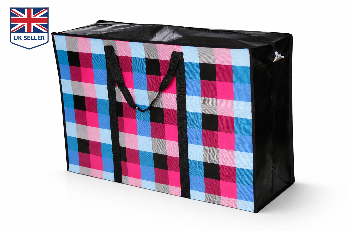 Extra Large & Jumbo Zip-Up Storage Bag with Handles – Heavy Duty Woven Laundry, Bedding & Moving Bag – Bold Checked Pink Blue Pattern – Reusable & Foldable