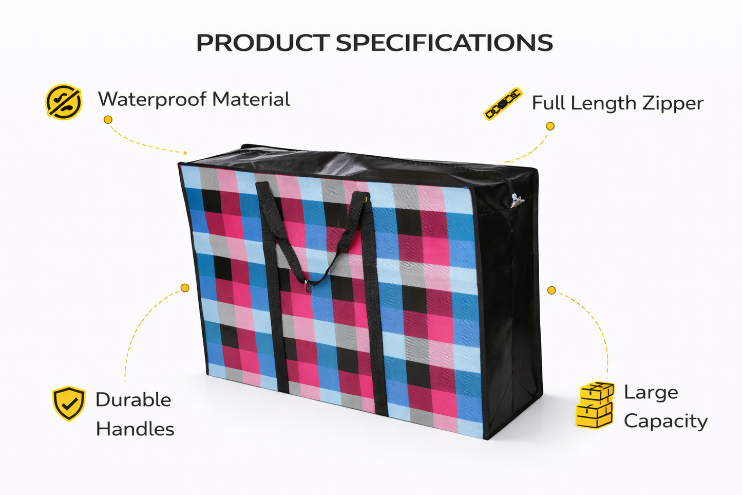 Extra Large & Jumbo Zip-Up Storage Bag with Handles – Heavy Duty Woven Laundry, Bedding & Moving Bag – Bold Checked Pink Blue Pattern – Reusable & Foldable