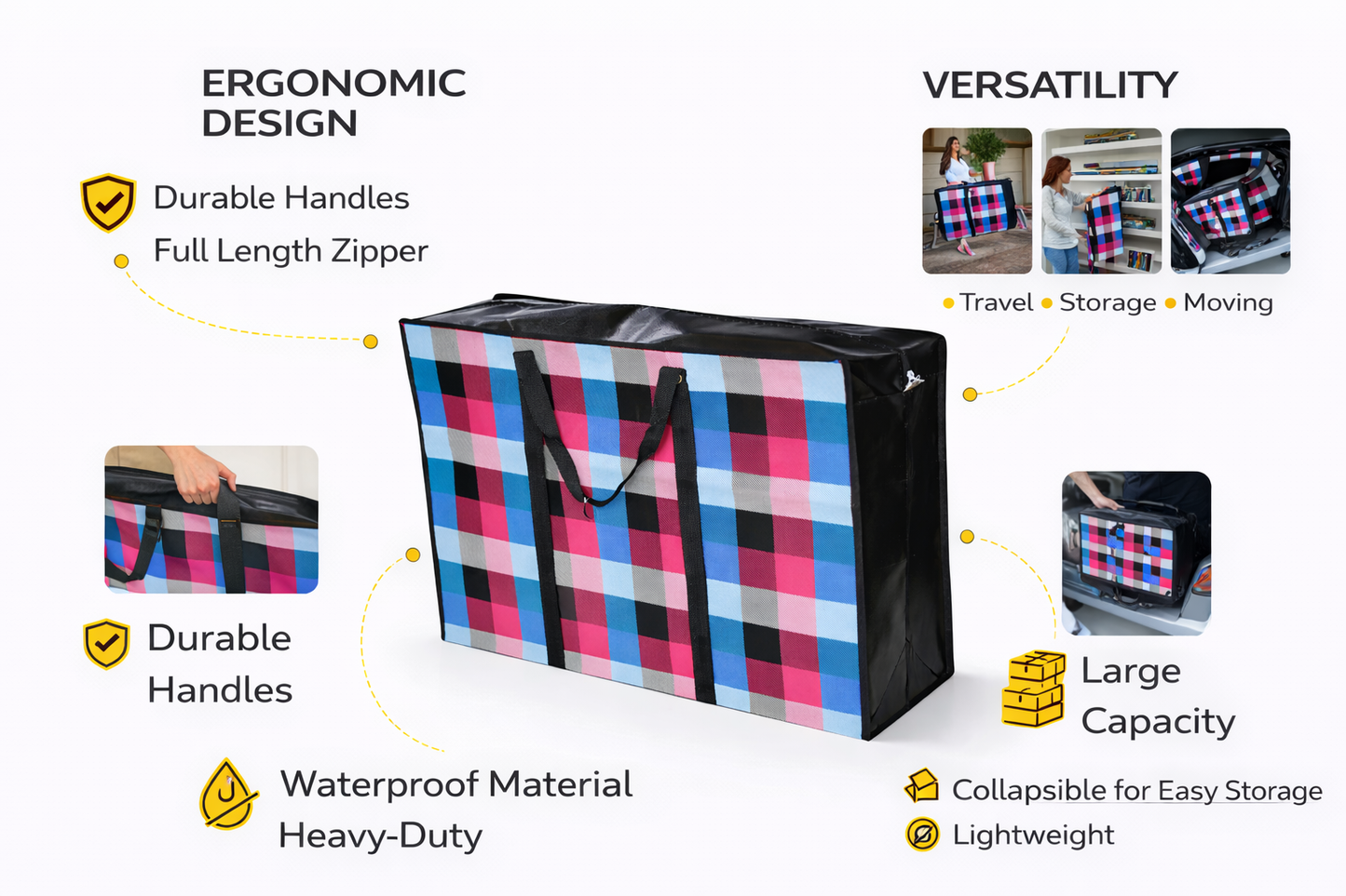 Extra Large & Jumbo Zip-Up Storage Bag with Handles – Heavy Duty Woven Laundry, Bedding & Moving Bag – Bold Checked Pink Blue Pattern – Reusable & Foldable