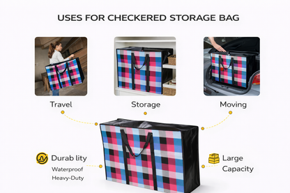 Extra Large & Jumbo Zip-Up Storage Bag with Handles – Heavy Duty Woven Laundry, Bedding & Moving Bag – Bold Checked Pink Blue Pattern – Reusable & Foldable