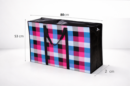 Extra Large & Jumbo Zip-Up Storage Bag with Handles – Heavy Duty Woven Laundry, Bedding & Moving Bag – Bold Checked Pink Blue Pattern – Reusable & Foldable