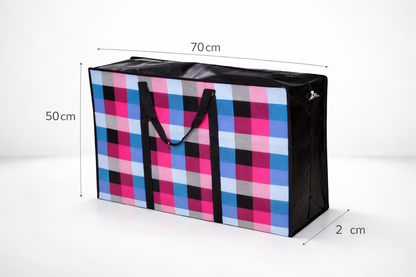 Extra Large & Jumbo Zip-Up Storage Bag with Handles – Heavy Duty Woven Laundry, Bedding & Moving Bag – Bold Checked Pink Blue Pattern – Reusable & Foldable