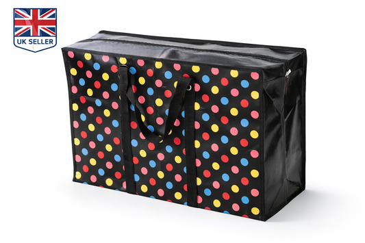 Black storage bag with colorful polka dots on a white background, UK Seller label visible.