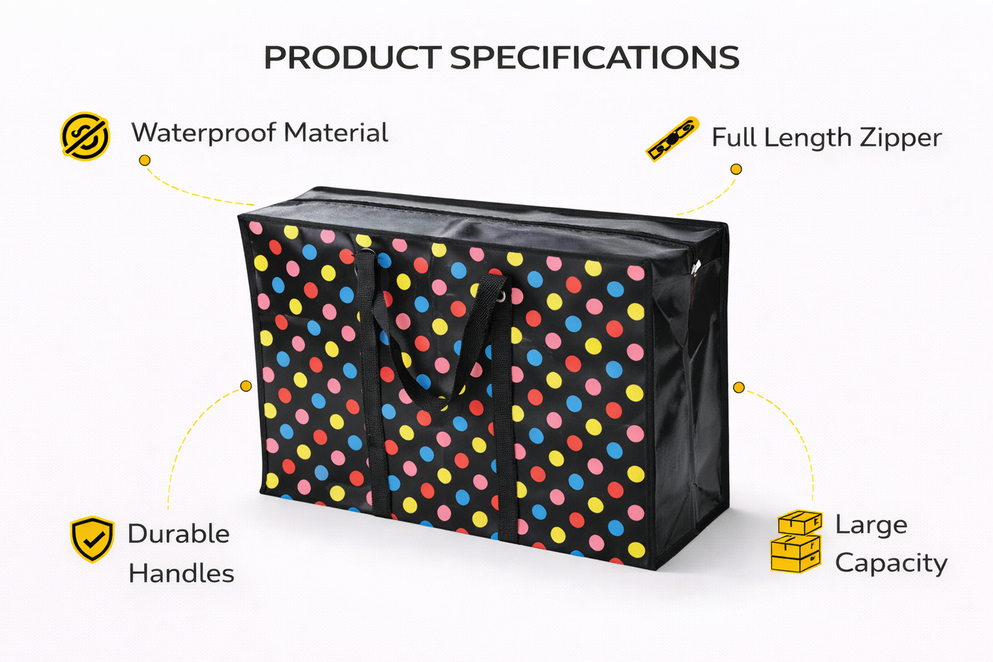 Zip Storage Bag Polka Dot – Small 50x35x25cm, Woven PP, Laundry Shopping Bag, Black