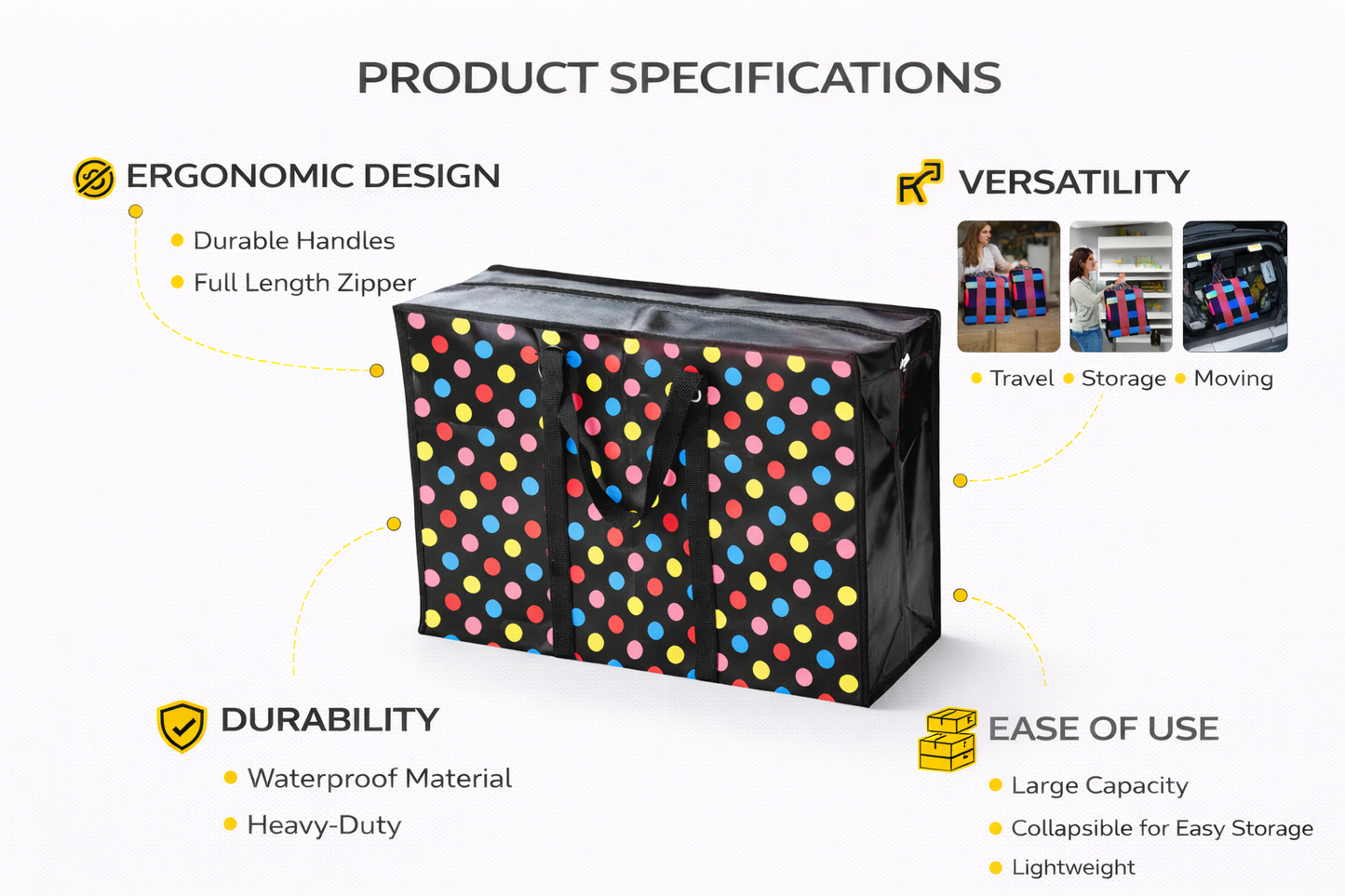 Zip Storage Bag Polka Dot – Small 50x35x25cm, Woven PP, Laundry Shopping Bag, Black