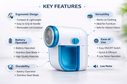 Hand-Held Battery Operated Portable Lint Remover – Fabric Shaver, Bobble Remover, Cleaning Brush Included