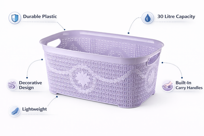 Lilac/ Pale Aqua Lace Pattern Laundry Basket – Plastic Rattan Style, Floral Detail, Ventilated, Cutout Handles