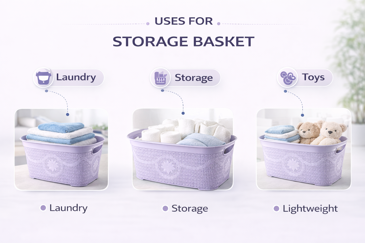 Lilac/ Pale Aqua Lace Pattern Laundry Basket – Plastic Rattan Style, Floral Detail, Ventilated, Cutout Handles