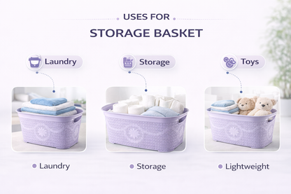 Lilac/ Pale Aqua Lace Pattern Laundry Basket – Plastic Rattan Style, Floral Detail, Ventilated, Cutout Handles
