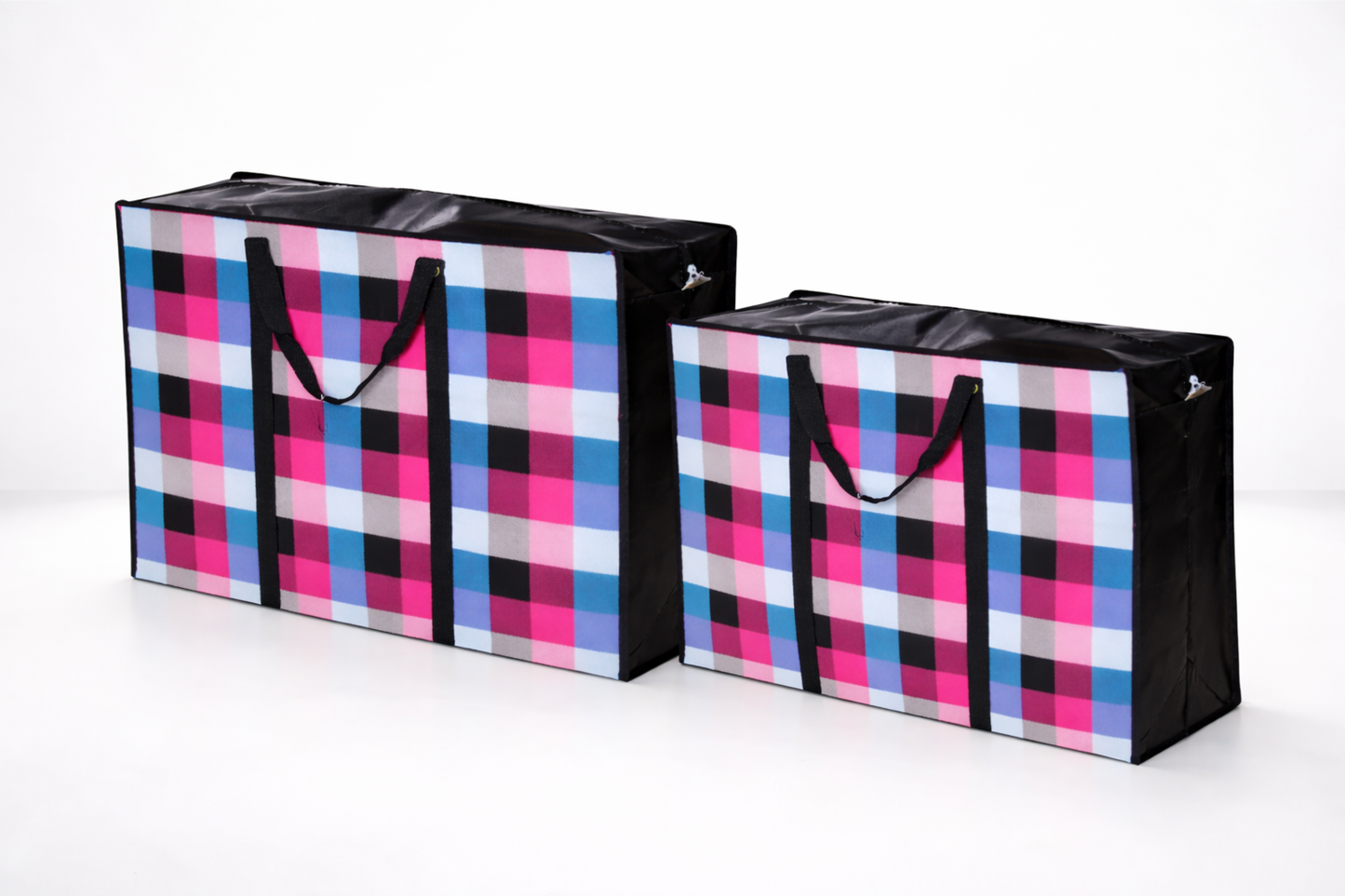 Extra Large & Jumbo Zip-Up Storage Bag with Handles – Heavy Duty Woven Laundry, Bedding & Moving Bag – Bold Checked Pink Blue Pattern – Reusable & Foldable