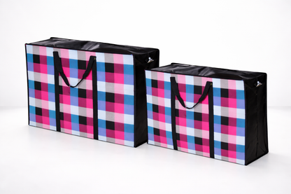 Extra Large & Jumbo Zip-Up Storage Bag with Handles – Heavy Duty Woven Laundry, Bedding & Moving Bag – Bold Checked Pink Blue Pattern – Reusable & Foldable