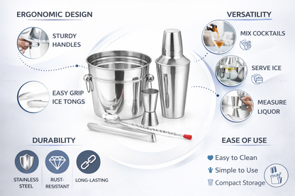 5 Piece Stainless Steel Cocktail Making Set – Shaker Ice Bucket Jigger Bar Spoon Ice Tongs Home Bar Bartender Gift Set
