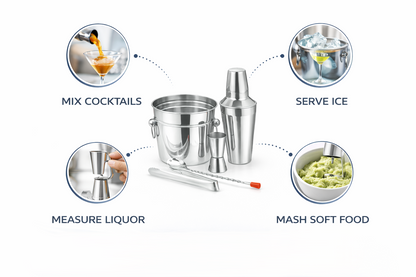 5 Piece Stainless Steel Cocktail Making Set – Shaker Ice Bucket Jigger Bar Spoon Ice Tongs Home Bar Bartender Gift Set
