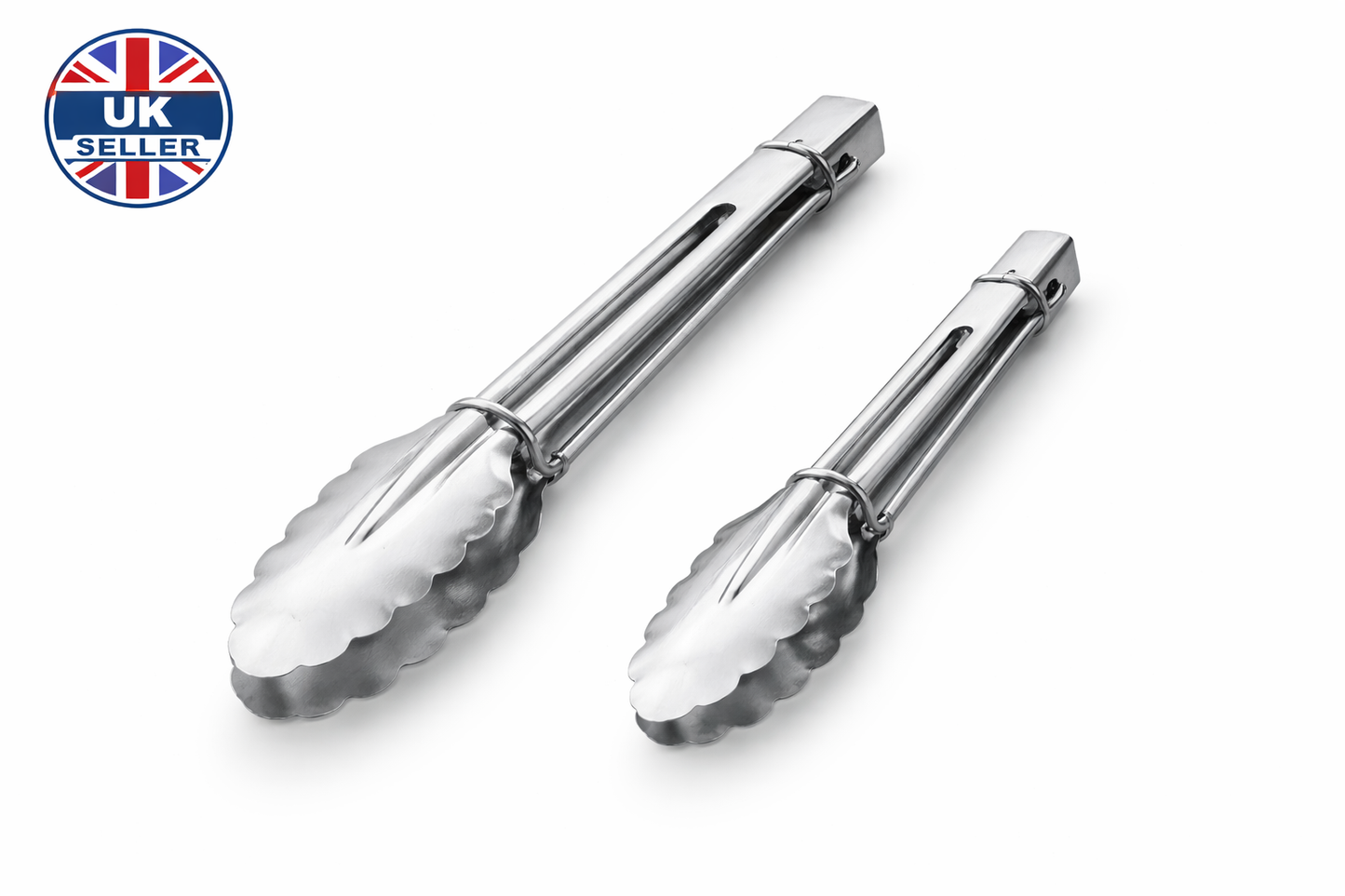 Two silver tongs with wavy ends on a white background, featuring a 'UK Seller' badge.