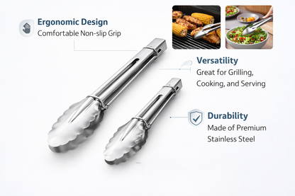 2 Piece Stainless Steel Food Tongs Set 7 and 9 Inch – Scalloped Grip Kitchen Serving Tongs Salad BBQ Cooking Buffet Tongs
