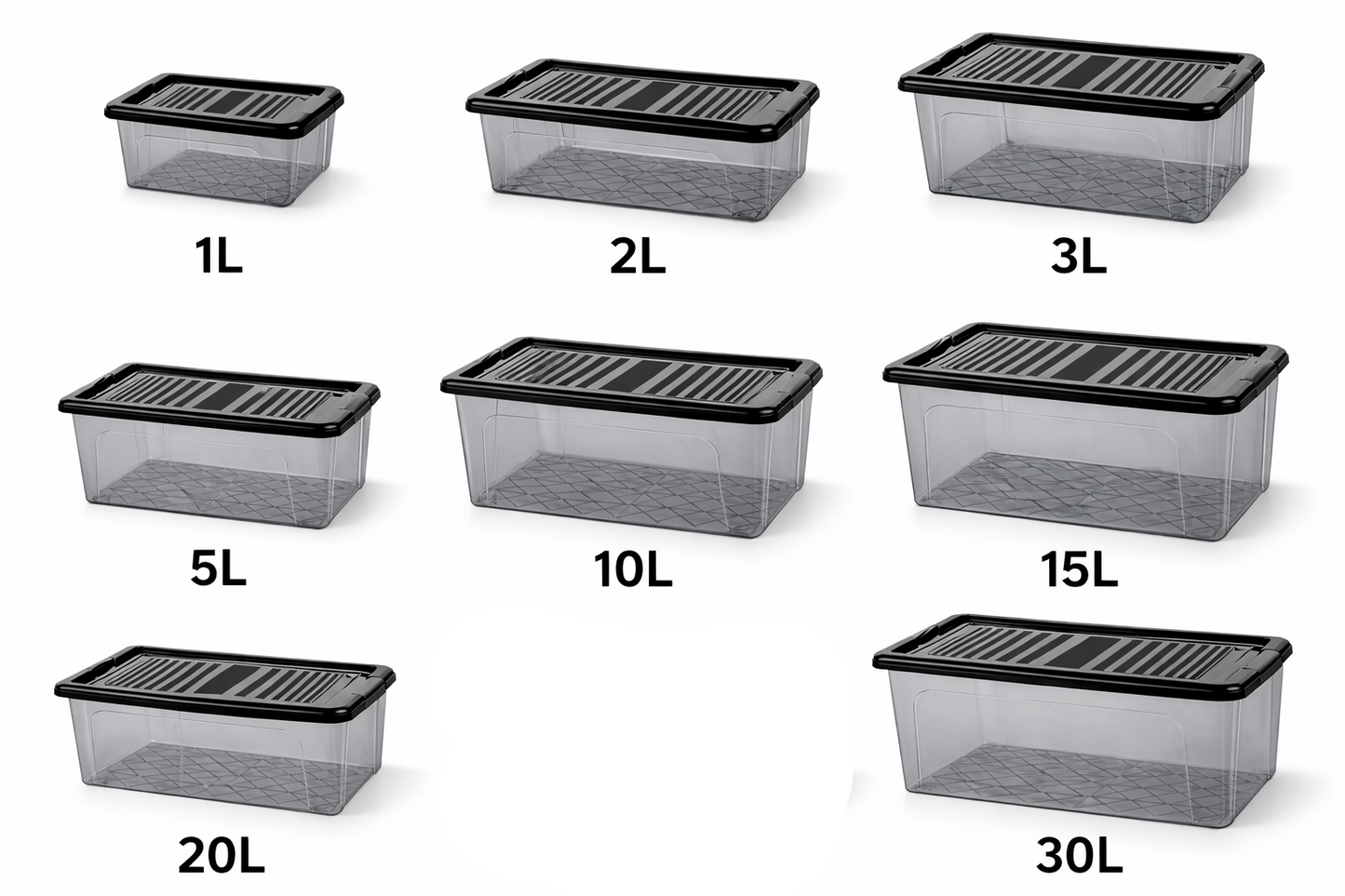 [1L / 2L / 3L / 5L /10L/15/ 20L /30L] Anthracite Storage Box with Clip Lid – Smoked Tinted Plastic, Stackable, Black