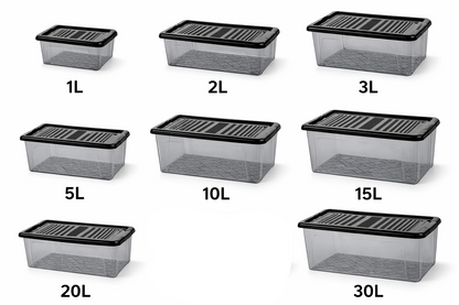 [1L / 2L / 3L / 5L /10L/15/ 20L /30L] Anthracite Storage Box with Clip Lid – Smoked Tinted Plastic, Stackable, Black