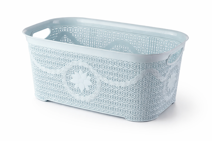 Lilac/ Pale Aqua Lace Pattern Laundry Basket – Plastic Rattan Style, Floral Detail, Ventilated, Cutout Handles