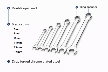 6 Piece Combination Wrench Set – Drop Forged Steel, Chrome Plated, 12-Point Ring, 6 8 10 11 13 14mm