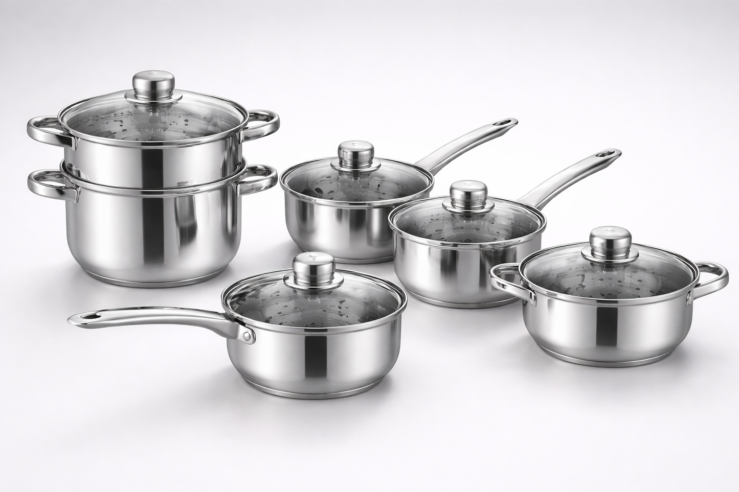6 Piece Stainless Steel Cookware Pan Set with Glass Lids – Saucepans Steamers Casserole – Gas Electric Hotplate Hob – Mirror Finish Kitchen Pots 16cm 18cm 20cm