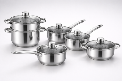 6 Piece Stainless Steel Cookware Pan Set with Glass Lids – Saucepans Steamers Casserole – Gas Electric Hotplate Hob – Mirror Finish Kitchen Pots 16cm 18cm 20cm