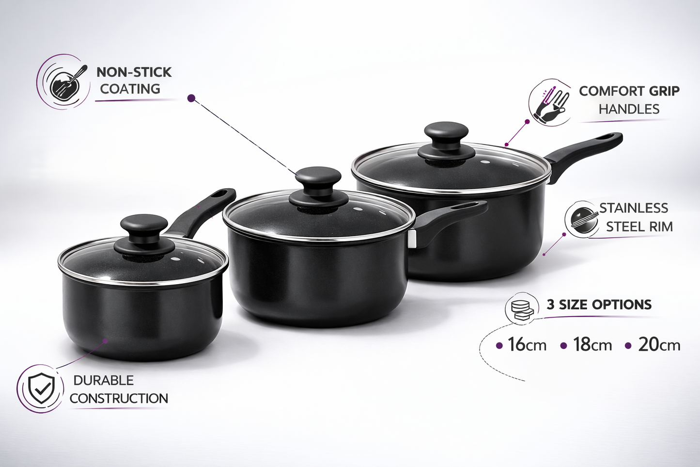 6pc & 8pc Non-Stick Carbon Steel Cookware Set with Lids – Saucepans, Milk Pan & Frying Pan for Gas & Electric Hobs