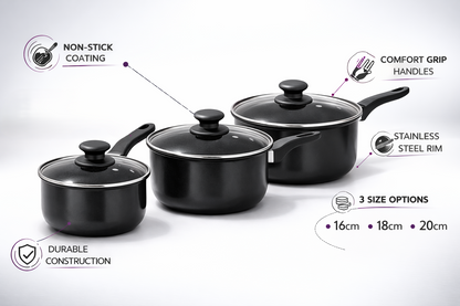 6pc & 8pc Non-Stick Carbon Steel Cookware Set with Lids – Saucepans, Milk Pan & Frying Pan for Gas & Electric Hobs