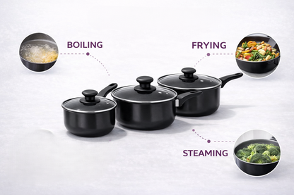 6pc & 8pc Non-Stick Carbon Steel Cookware Set with Lids – Saucepans, Milk Pan & Frying Pan for Gas & Electric Hobs