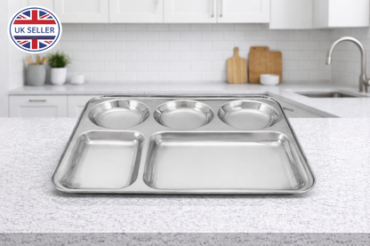 Stainless Steel 5 Section Divided Meal Tray – Compartment Dinner Plate for Kids Adults Camping & Meal Prep