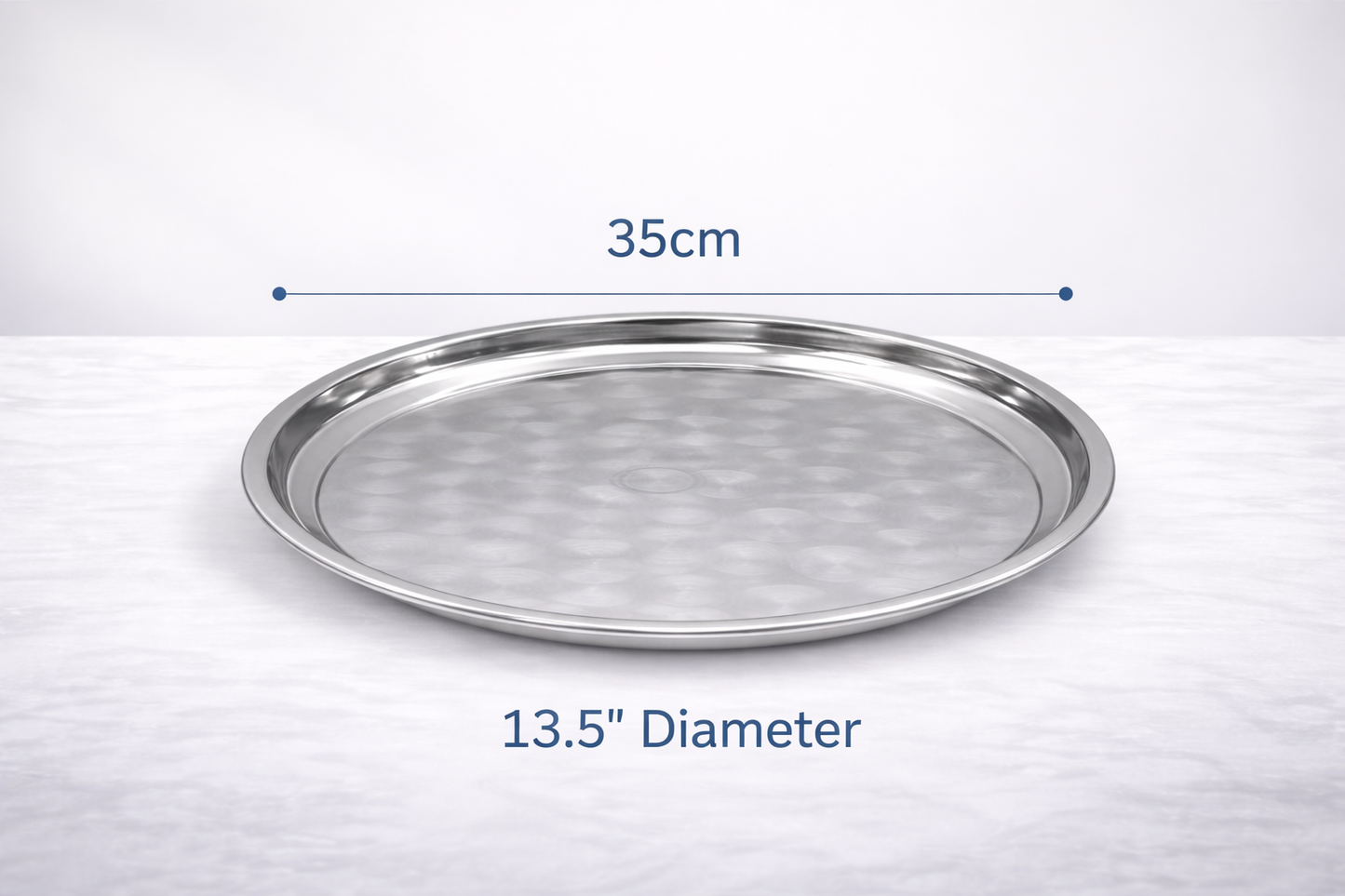 Stainless Steel Round Serving Tray – Choose 30cm 35cm 40cm or 45cm Mirror Polished Raised Rim Hammered Base Dishwasher Safe